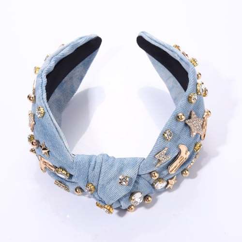 MOLOCH Western Headband Cowgirl Headband for Women Cowboy Boot Hat Stars Knotted Head Band Crystal Jeweled Top Knot Hairband Western Country Concert Hair Accessories Bachelorette Outfit Gifts