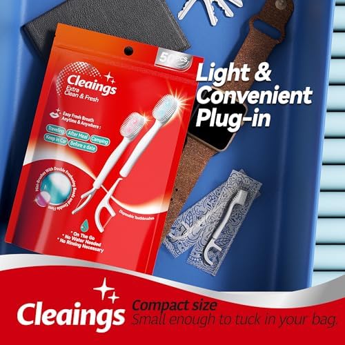 cleaings® Disposable Toothbrushes with Double Cleaning Beads Toothpaste and Clean Floss Picks for Work or Travel - 50 pcs-Mint Flavor(Pack of 1)