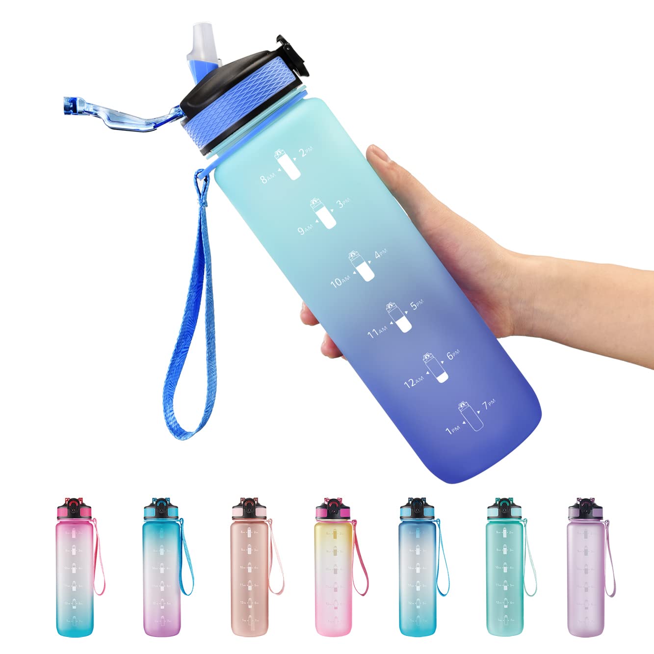 EYQ 32 oz Water Bottle with Time Marker, Carry Strap, Leak-Proof Tritan BPA-Free, Ensure You Drink Enough Water for Fitness, Gym, Camping, Outdoor Sports(Green/Blue Gradient)