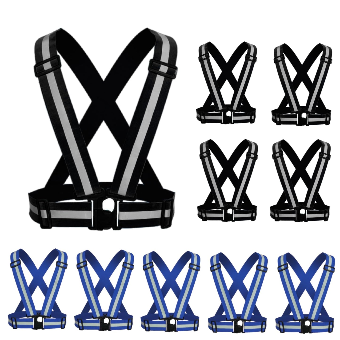 YUNLOVXEE Reflective Strap Safety Vest Gear - 2-10 Pack Adjustable High Visible Reflective Running Gear for Women Men Night (Blackx5+Bluex5)