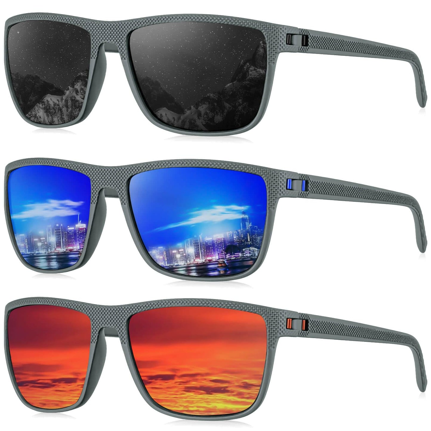 KALIYADI Polarized Sunglasses Men, Lightweight Mens Sunglasses Polarized UV Protection Driving Fishing Golf (Frame Grey|Lens Black/Dark Blue/Red)