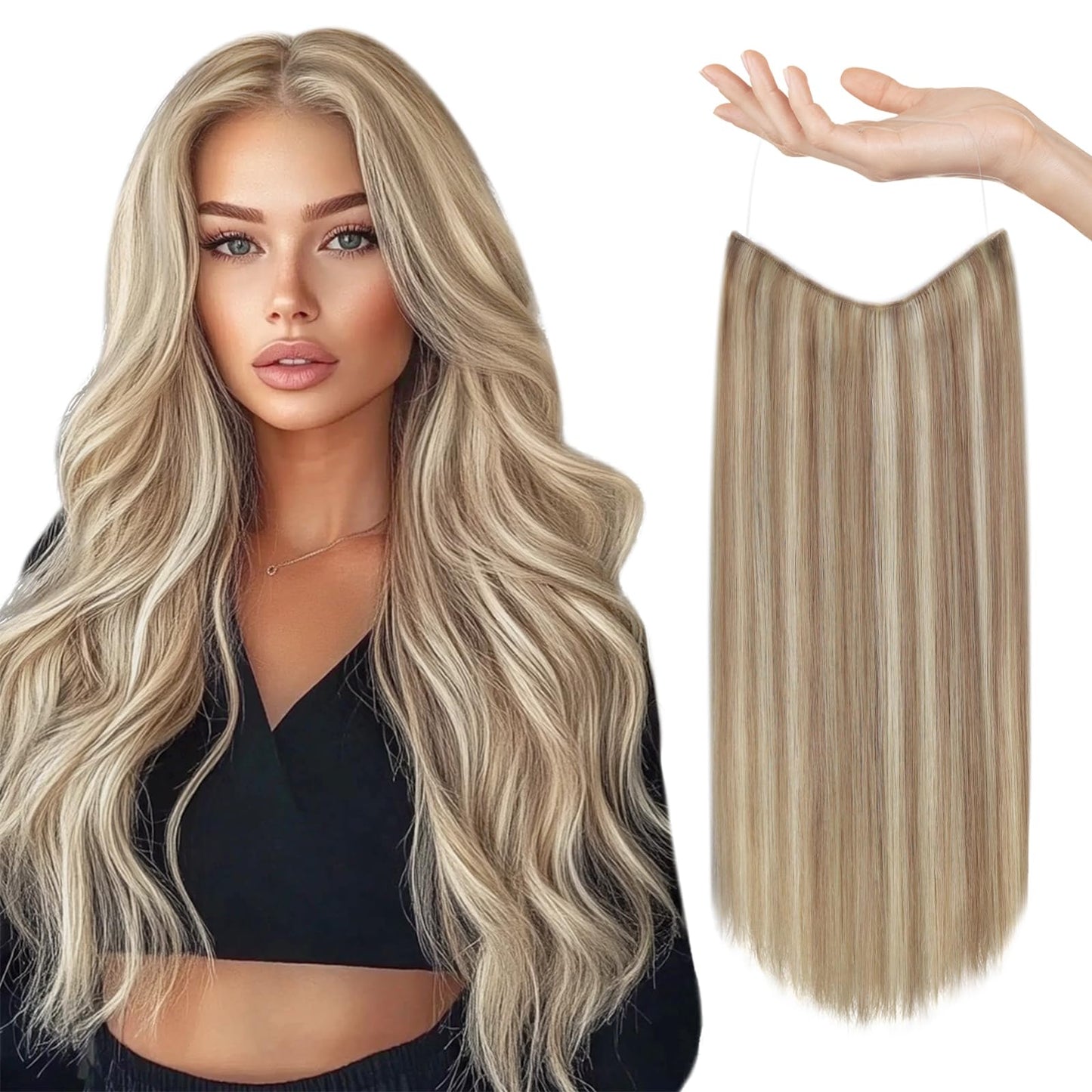 Sunny Wire Hair Extensions Real Human Hair Fish Line Human Hair Extensions Invisible Wire Extensions Ash Blonde with Platinum Blonde Highlights #P18/613 12 Inch