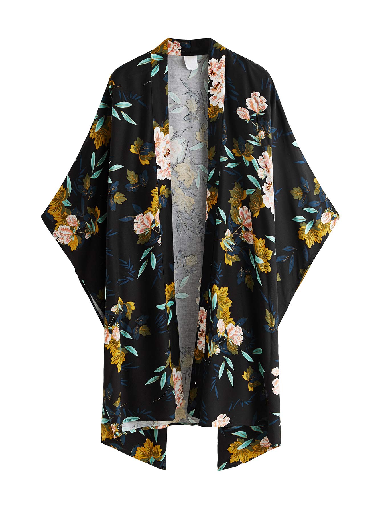 SweatyRocks Women Kimono Vintage Floral Beach Cover Up Navy Floral Medium