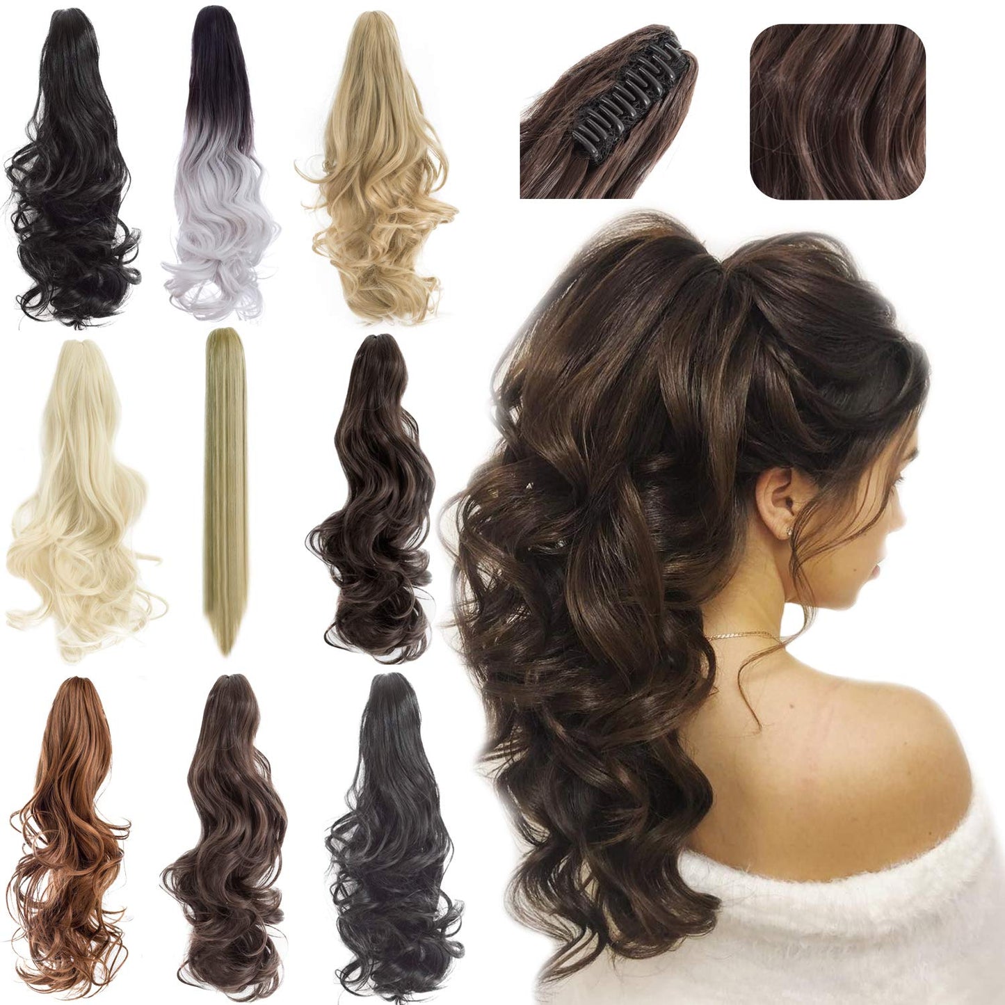 FELENDY Ponytail Extension Claw 18" 20" Curly Wavy Straight Clip in Hairpiece One Piece A Jaw Long Pony Tails for Women (Ash Blonde,Straight)