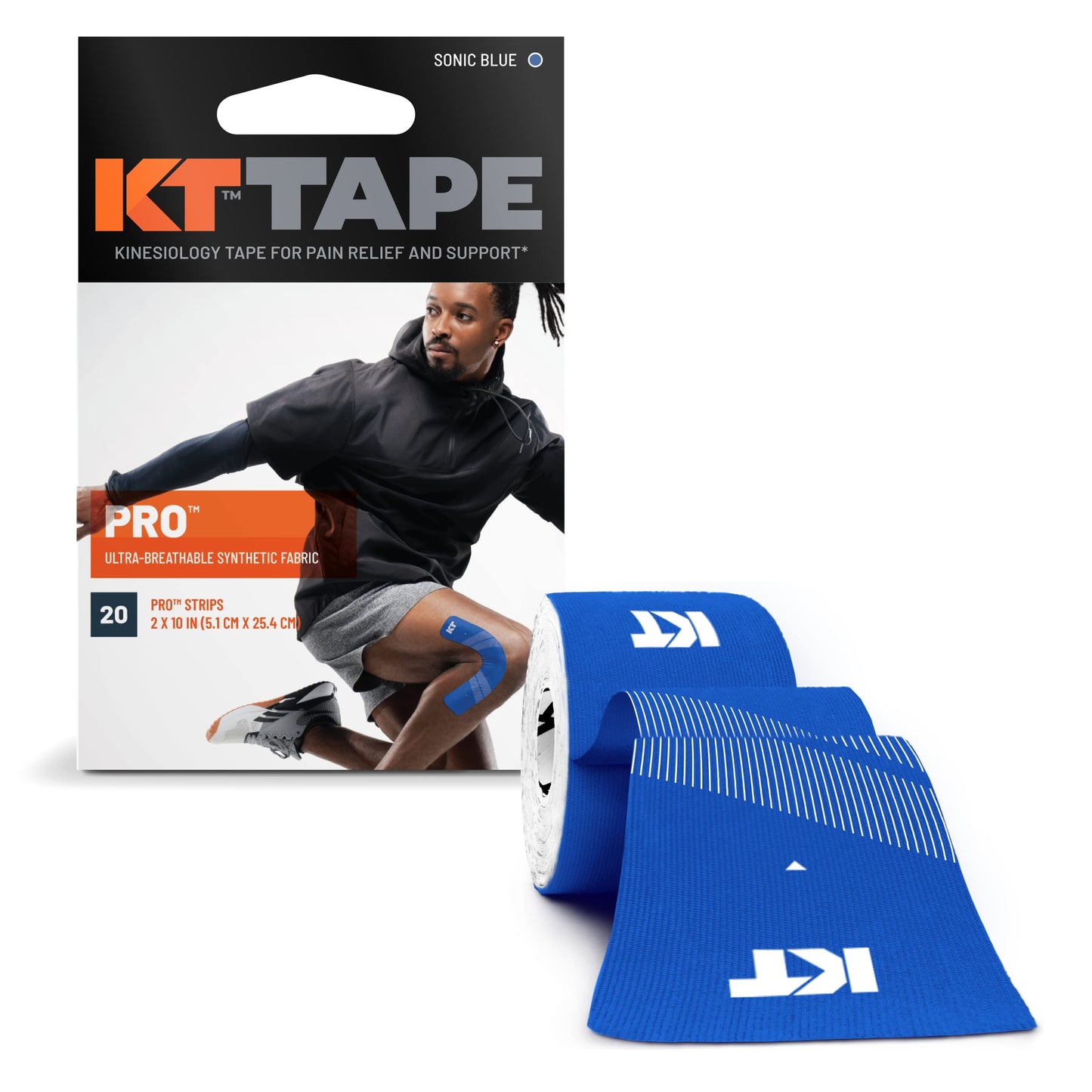 KT Tape, Pro Synthetic Kinesiology Athletic Tape, 20 Count, 10” Precut Strip, Sonic Blue
