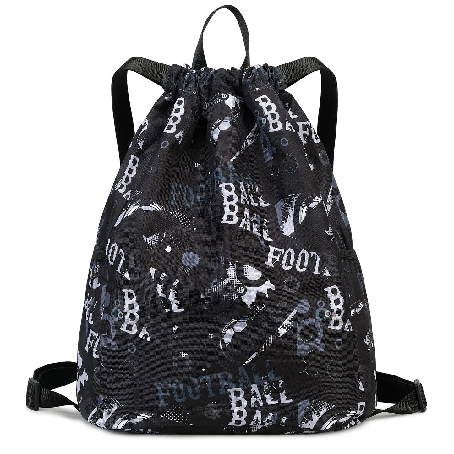 Ryushoyo Drawstring Backpack Gym Backpack Sports Bag for Swim Women Men Workout Bag Draw String Back Sack for Soccer Beach Gear Letters Football Black