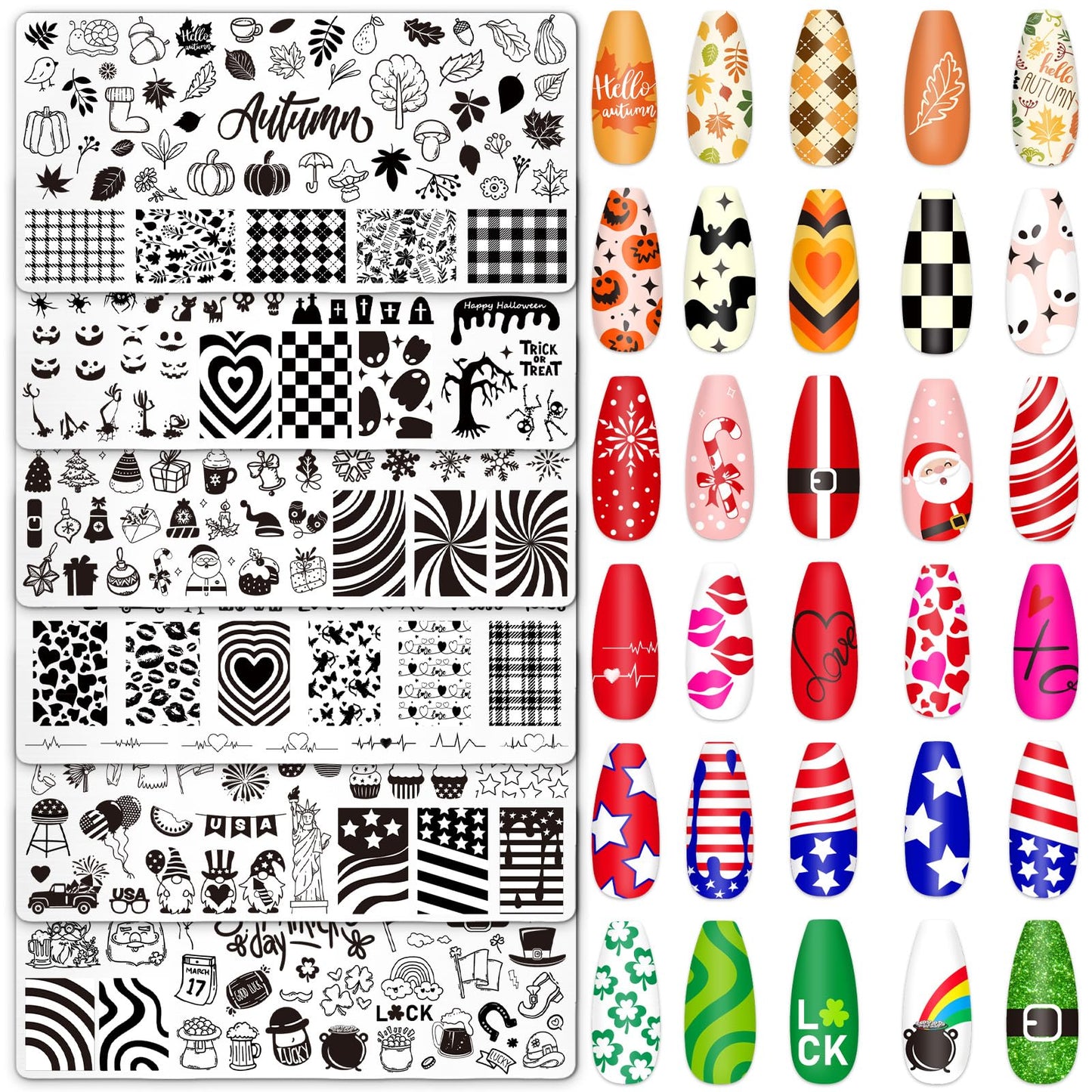 Whaline 6Pcs All Holiday Nail Art Plates Valentines StampTemplates Set Winter Christmas Fall Nail Plates Stamping for Xmas DIY Print Manicure Salon Design Gift