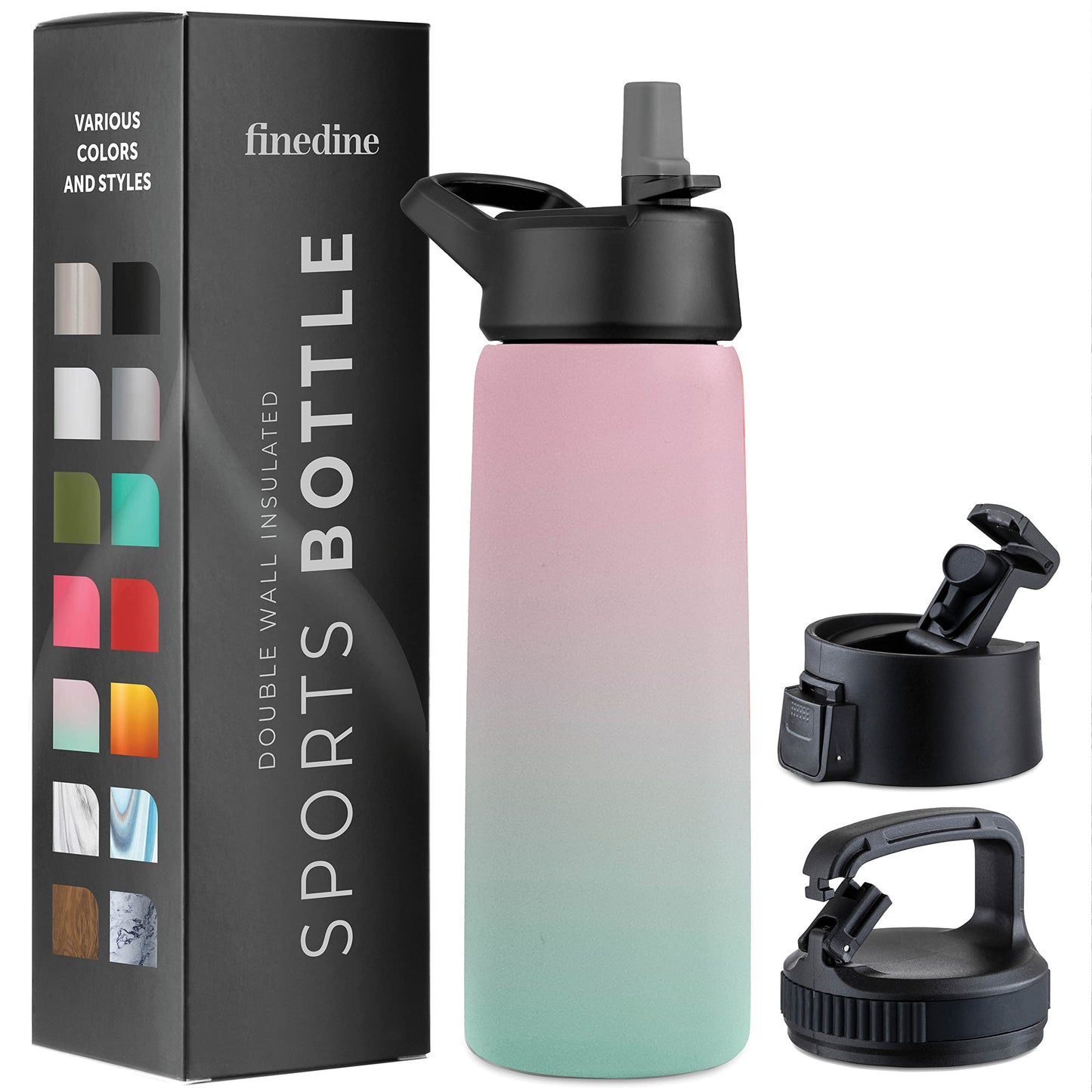FineDine Triple Walled, Insulated Water Bottles with Straw - 25 Oz Stainless Steel Metal Bottle W/ 3 Leak Proof Lids - For Travel, School, Sports, Gym / Men, Women & Kids - Dreamy Pink-Green