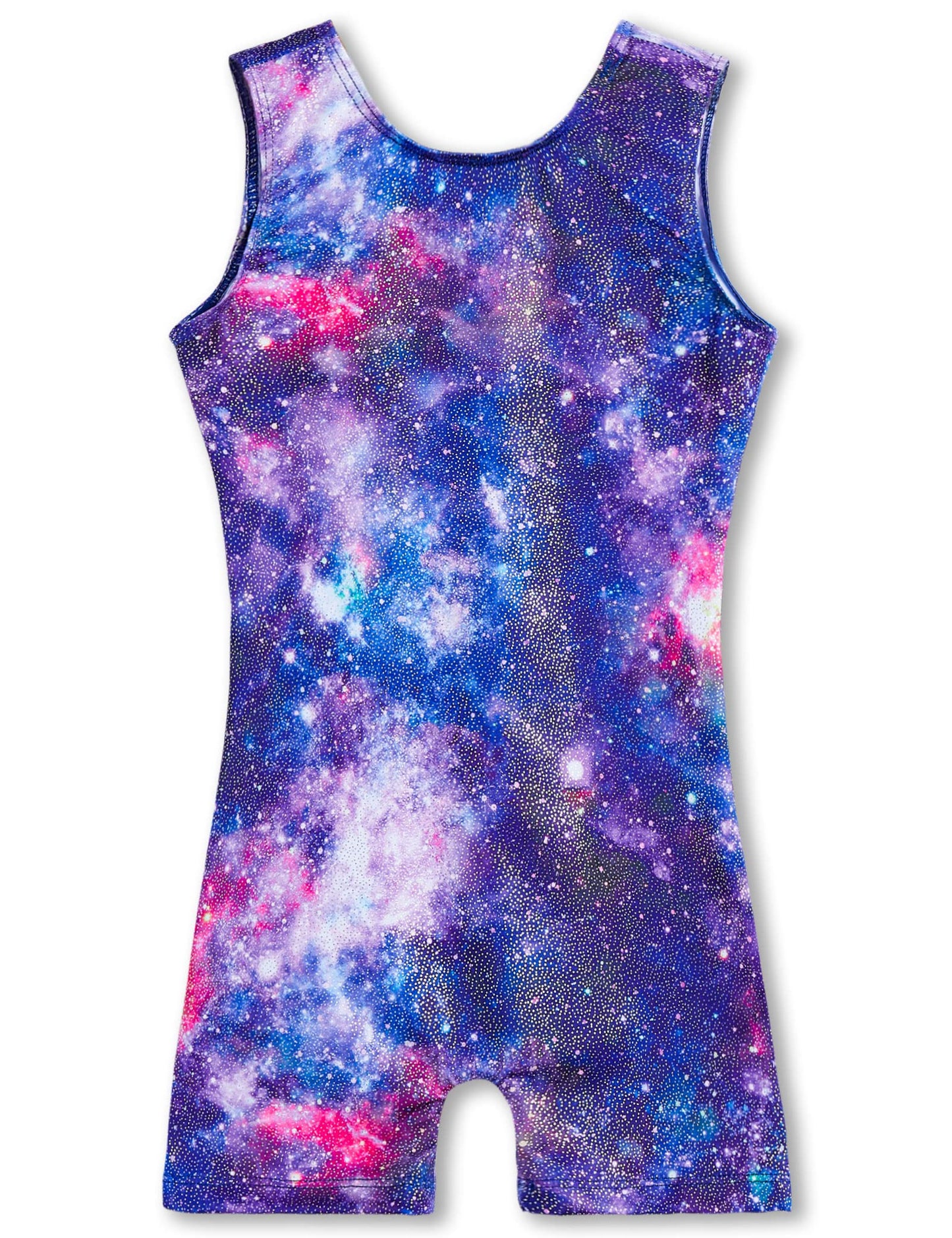 TENVDA Girls Leotards for Gymnastics Size 6-7 Years Old Sparkly Starry Sky Blue Sleeveless Biketard Stretchy Tumbling Unitards