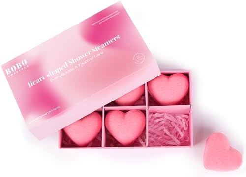 Shower Steamers Aromatherapy Heart-Shaped Pink with Rose Scent Natural Essential Oil for Self Care Home Spa Birthday Gift Daughter Wife Mom, Pack of 6 (Pink)