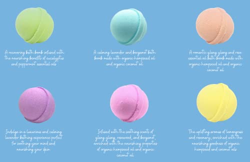Variety 6 Pack Bath Bombs Organic Hempseed & Organic Coconut Oil Handmade in the USA
