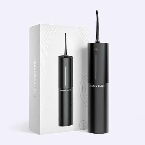 SOMETHING NICE AquaClean Duo Water Flosser - Portable, Waterproof, Includes Nozzles, Magnetic Charger, & Travel Bag | Dentist Designed Cordless Flosser for Teeth Cleaning Ideal for Braces (Black)