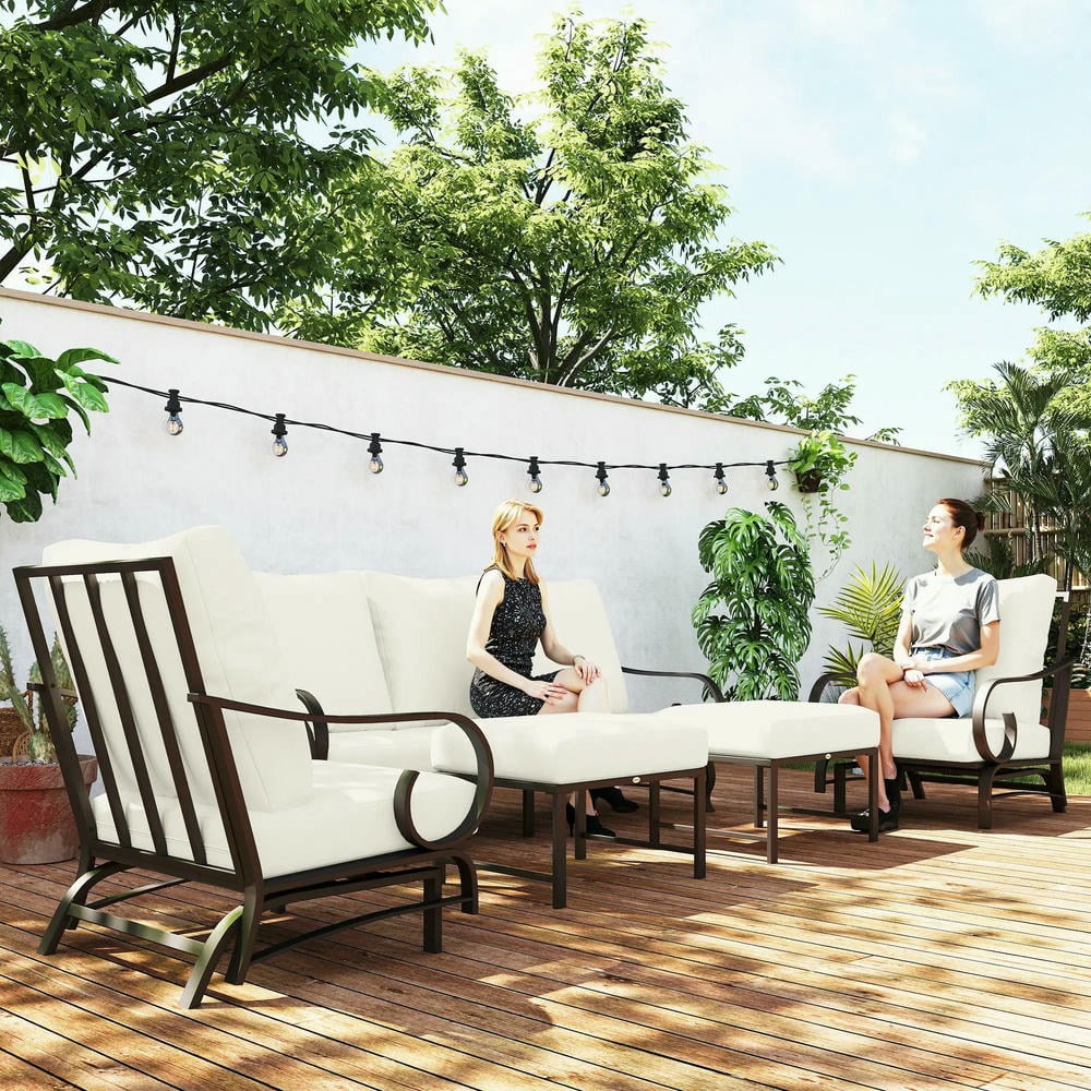YYAo Outdoor Conversation Sets,Patio Furniture Sets,5 Piece Backyard Patio Furniture Set, Outdoor Furniture Set with 2 Rocking Chairs, 3-Seat Sofa, and 2 Ottomans, Beige