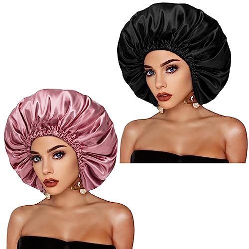 Satin Bonnet Silk Hair Cap: 2pcs Double Layer Reversible Extra Large Jumbo Adjustable Satin Lined Stainless Oversized Bonnets Sleep Night Cap No Slip-Off for Women Braids Sleeping (Black+Rosegold)