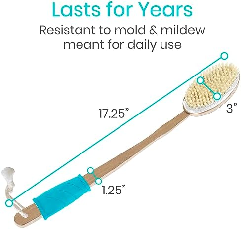 Vive Back Scrubber for Shower – Long Handle Dry Brushing Body Brush with Soft & Stiff Bristles – Exfoliating Shower Loofah & Bath Scrubber Cleaner for Women, Men, Elderly – Antiskid Grip