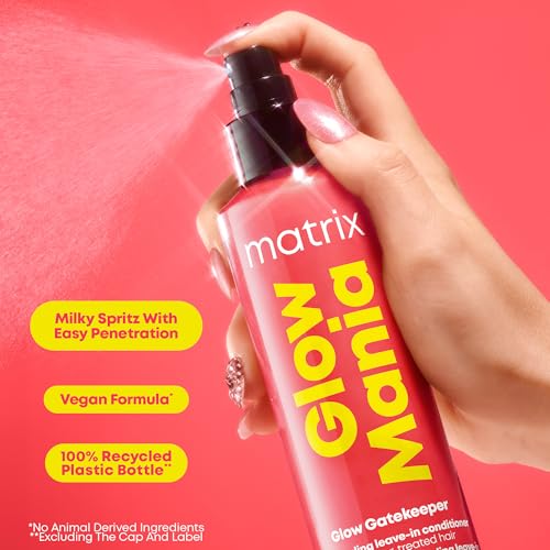 Matrix Glow Mania Leave In Conditioner - Glow Gatekeeper, Enhances Shine and Preserves Color Vibrancy with Heat Protection, Glycolic Acid & Rosehip Oil, For Dull & Color-Treated Hair, 8.5 Fl Oz