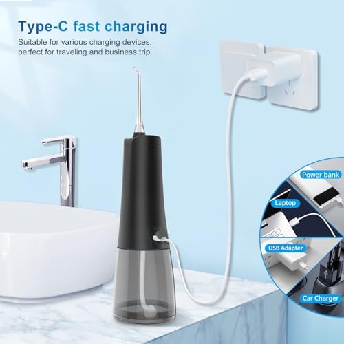Water Dental Flosser Oral irrigator,JNGOODS 300ml Rechargeable Water flosser for Teeth IPX7 Waterproof 9 Modes Portable Oral Irrigator. LED Display with 4 Jet Tips, Travel Home use (Black)
