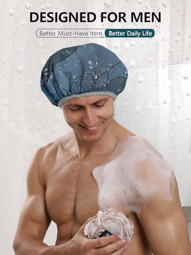 Years calm Men Shower Cap Reusable Waterproof, Dual-Layer Design, Double-Sided Use,Protects Hair in Shower, Spa, Travel & Cooking, Adjustable Elastic for Comfortable Fit (Blue Disguise, One Size)