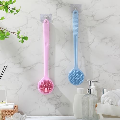 Sunnyray 2 Pack 15 Inch Soft Silicone Back Scrubber with Long Handle, Scrubber Anti Slip for Shower, Bath Body Brush, Improved Skin Health Can Produce Foam for Men and Women(Pink,Nordic Blue)