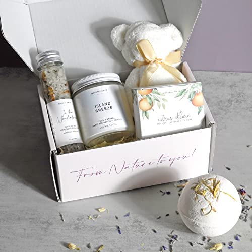 Natural Amor Handmade Spa Gifts for Women, Relaxing 5pcs Spa Gift Set for Women Including Citrus Handmade Soap Bar, Soy Candle, Bath Salt, Bath Bomb