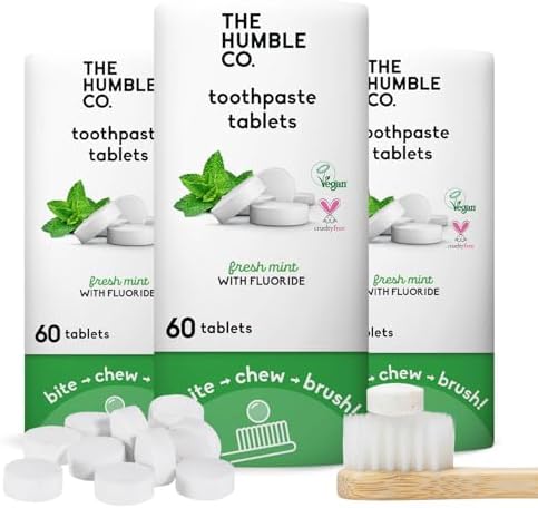The Humble Co. Mint Toothpaste Tablets, 3 PK – Anticavity Fluoride Toothpaste Tablets with All Natural Ingredients, Dentist Developed Formula - Vegan, SLS Free, Plastic Free (Mint, 180 Count)