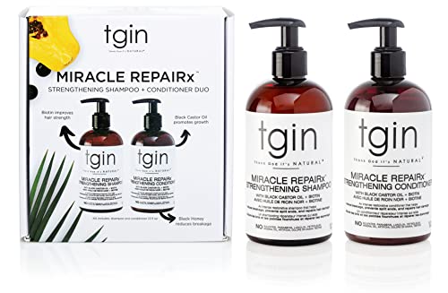 tgin Miracle RepaiRx Strengthening Shampoo and Conditioner Duo for Curly, Coily and Wavy Hair, with Biotin and Black Castor Oil, Repairs and Restores Damaged, Color-Treated Hair, 13 oz (Set)
