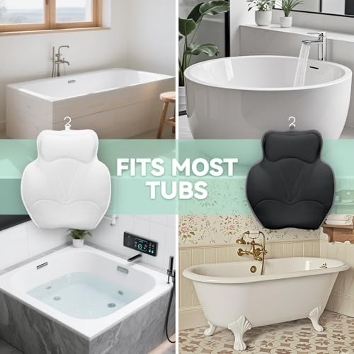Bath Pillows for Tub - Luxury Bathtub Pillow Neck, Head, Back Support, Soft 4D Mesh Fabric and Non-Slip Suction Cups & Quick Dry, Comfort Fits All Tubs, Relaxation Spa Gift, Grey