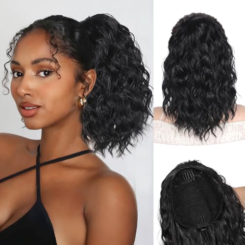 QGZ Black Ponytail Extension 14 Inch Drawstring Ponytail for Women Synthetic Short Curly Wavy Fluffy Clip in Ponytail Hair Extensions for Daily Halloween Use