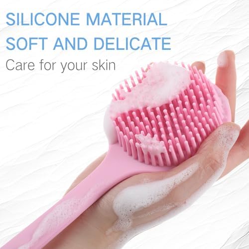 Sunnyray 2 Pack 15 Inch Soft Silicone Back Scrubber with Long Handle, Scrubber Anti Slip for Shower, Bath Body Brush, Improved Skin Health Can Produce Foam for Men and Women(Pink,Nordic Blue)