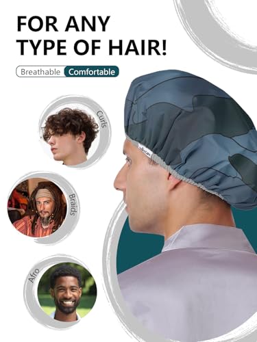 Years calm Men Shower Cap Reusable Waterproof, Dual-Layer Design, Double-Sided Use,Protects Hair in Shower, Spa, Travel & Cooking, Adjustable Elastic for Comfortable Fit (Blue Disguise, One Size)