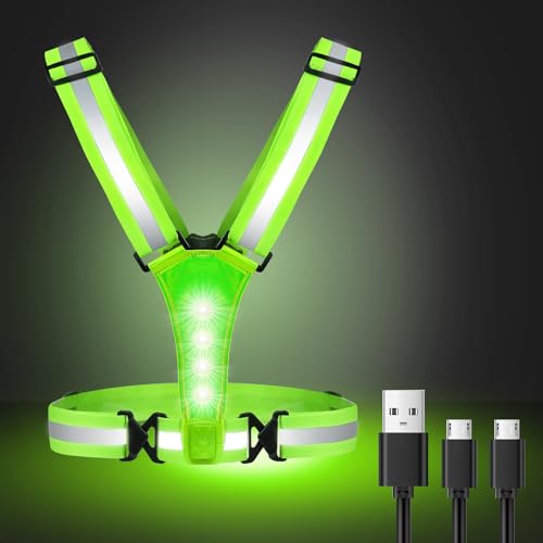 ConKrian LED Reflective Vest USB Rechargeable Running Gear Night Light up Vest Safety Gear Adjustable Elastic Size Night Running LED VES for Men/Women/Child (Green)