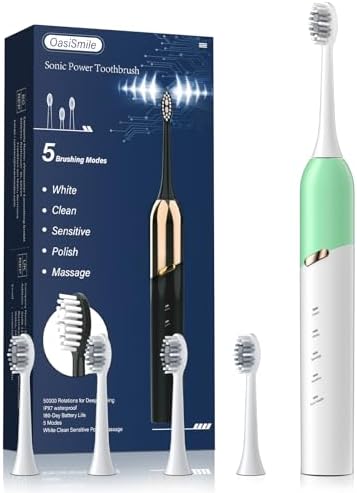 Electric Toothbrush for Adults, 5 Modes Sonic Toothbrush with 4 Brush Heads, 50000 VPM Deep Clean, 100-Day Battery Life, IPX7 Waterproof Rechargeable Toothbrushes Built-in Smart Timer, Green