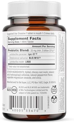 SuperTeeth Chewable Dental Probiotic for Adults & Kids | Support Healthy Teeth & Gums | Oral Health | Fights Bad Breath | BLIS M18 | 60 Mint Flavored Tablets | Fluoride & Sugar Free | Vegan Supplement