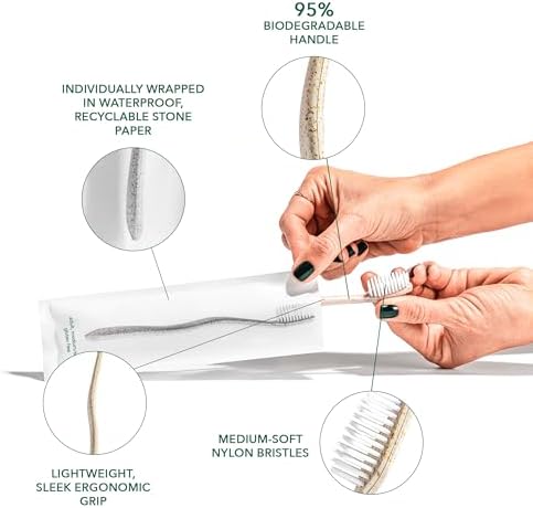 Terra & Co. Gentle Green Toothbrushes – 20-Pack of Plastic-Free Toothbrushes with Soft Bristles for Sensitive Teeth & Gums – Individually Sealed – BPA-Free, Plant-Based, Eco-Friendly & Travel-Ready
