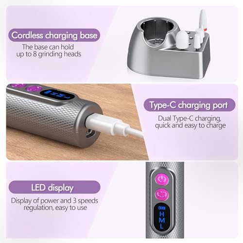 Nail Drill, Cordless Electric Nail Filer Professional E-File Nail Drill Kit for Acrylic, Gel Nails, Manicure Pedicure Polishing Shape Tools Design for Home Salon Use Gray