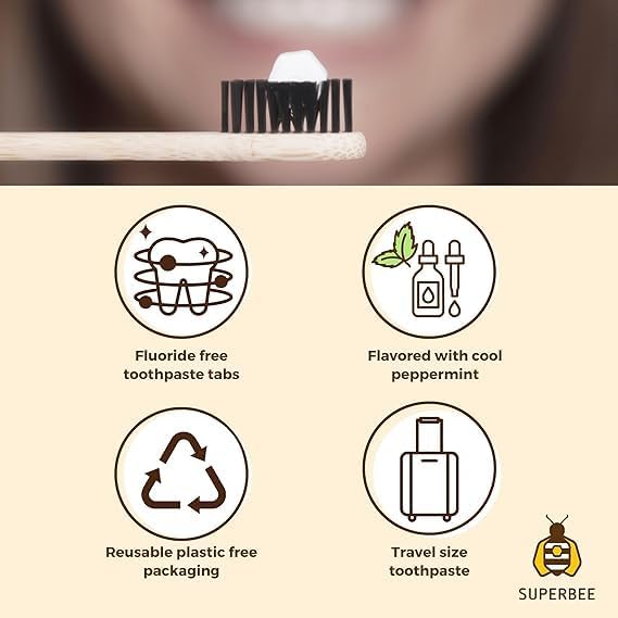 SuperBee Dentos Toothpaste Tablets, 100 Tabs, Fluoride Free & Eco Friendly, Travel Mouthwash Tablets, Sensitive Bites Kids Adults, Chewable Tablet, Spearmint