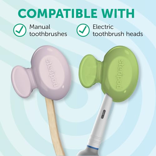 Steripod Clip-On Toothbrush Protector, Keeps Toothbrush Fresh and Clean, Fits Most Manual and Electric Toothbrushes, Blue, Green, Clear, 4 Count