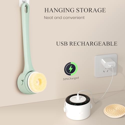 Electric Body Brush Back Scrubber for Shower, Rechargeable Auto Spinning Bath Brush & 4 Speeds, Waterproof Long Handle Body Scrubber with 5 Heads for Deep Cleansing, Exfoliating, Massaging - White
