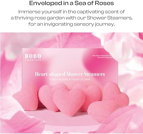 Shower Steamers Aromatherapy Heart-Shaped Pink with Rose Scent Natural Essential Oil for Self Care Home Spa Birthday Gift Daughter Wife Mom, Pack of 6 (Pink)
