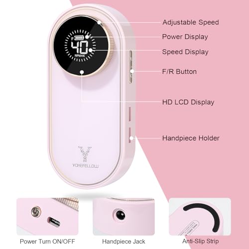YOKE FELLOW Nail Drill Machine - 40000 RPM Electric Nail File Nail Drills for Acrylic Nails Professional with 12 Drill Bits Manicure Pedicure Polishing Nail Drill for Home Use