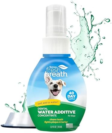 TropiClean Fresh Breath Water Additive Concentrate for Dogs | Breath Freshener and Teeth Cleaning Solution | No Brushing Required | 2.2oz.