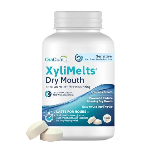 OraCoat XyliMelts Dry Mouth Relief Moisturizing Stick-On-Melts with Xylitol, 100 Count, Sensitive, Help Stimulates Saliva for Dry Mouth, Non-Acidic, Day & Night Use, Time Release for Up to 8-Hour