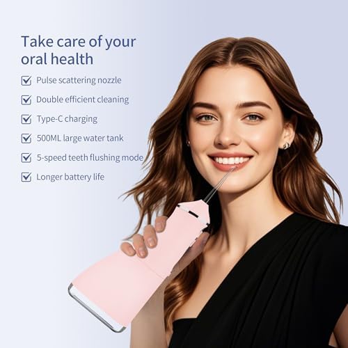 Water Dental Flosser Cordless, KUSKER 500ML Portable Oral Irrigator for Teeth, 5 Modes and 4 Jet Tips, IPX7 Waterproof, Rechargeable for 30-Days Use, Home, Travel, Braces(Warm Pink)