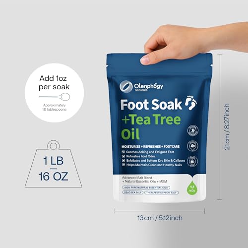 Tea Tree Oil Foot Soak with Epsom Salt - For Stinky Feet, Softens Callus, Cracked Heel Care, Toenail Repair - Epsom Salts for Soaking for Pain, Pedicure Foot Spa for Women, Men, 16oz