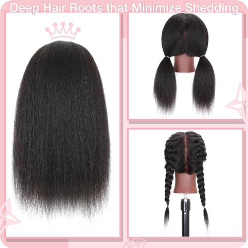 Mannequin Head with Human Hair 16'' Cosmetology Manikin Doll Head with 100% Real Human Hair Mannequin Head for Braiding Hairstylists Cosmetology Students Practice Styling with Free Clamp Holder-Black