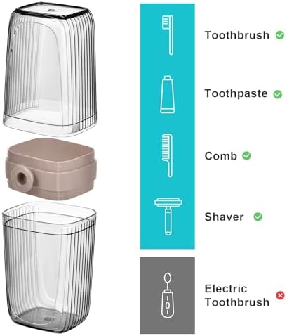 VITVITI Gray Toothbrush Travel Case, Portable Leakproof Travel Soap Container Dish Tray, 7.88 inch Toothpaste Toothbrush Holder with Cover for Trip/Bathroom/Camping