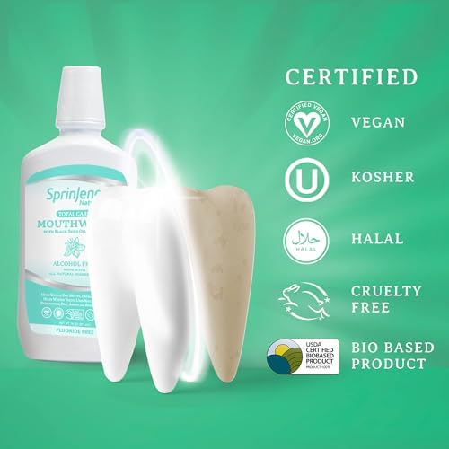 SprinJene Fluoride Free Mouthwash Alcohol Free for Fresh Breath Gum Health Dry Mouth Whitening Teeth w/Black Seed Oil, Zinc, Xylitol –All Natural Vegan Gluten Free Kosher Halal SLS Free& Non Toxic-2PK