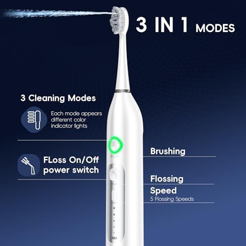 Electric Toothbrush with Water Flosser Combo, 3 Sonic Cleaning Modes, 5 Flossing Speeds, 4 Brush Heads, Portable Flossing Toothbrush for Adults Teeth Cleaning for Plaque Removal