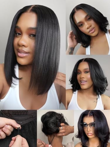 Nadula Yaki Straight Bob Drawstring Wig Human Hair Glueless Pre Cut 7x5 HD Bye Bye Knots Lace Front Wigs Human Hair Pre Plucked Invisible Knots Ready to Go Short Yaki Bob Wigs 150% Density 12inch