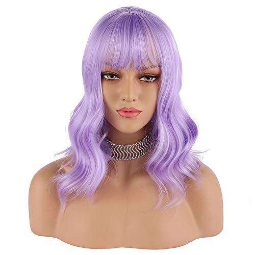 eNilecor Lavender Purple Wig Short Colorful colored Curly Wavy Synthetic Bob Wigs with Air Bangs 14" Natural Wigs for Women